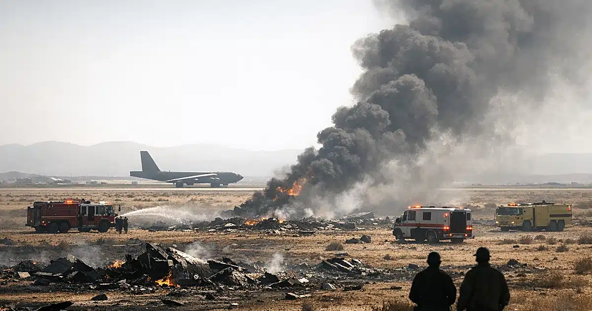 Desert airbase scene with distant aircraft and emergency vehicles responding to crash site with smoke rising