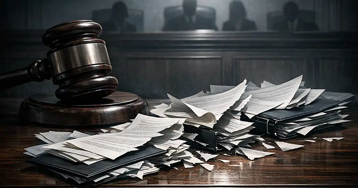 Gavel on bench above scattered investment contracts and legal documents separating from folders in dramatic lighting