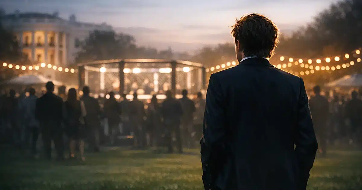 Silhouette of young man in suit from behind on lawn, with crowd and octagonal structure in background at dusk