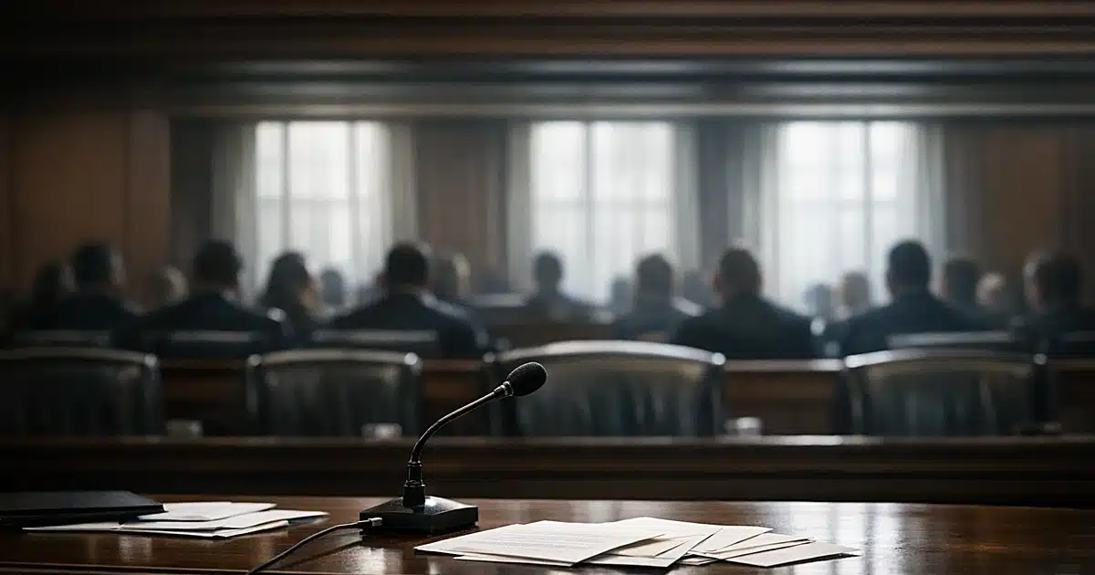 Empty congressional hearing room witness table with microphone and documents, silhouetted figures in background