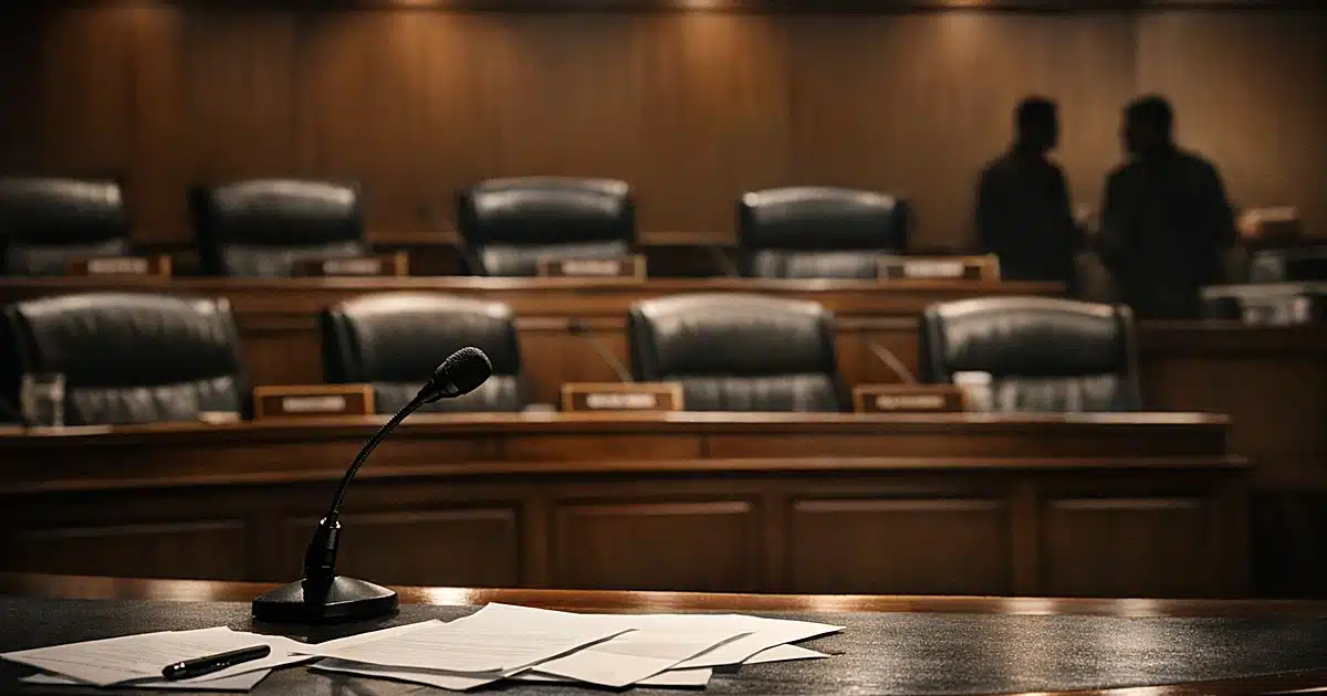 Empty congressional hearing room with microphone at witness table facing tiered committee seating
