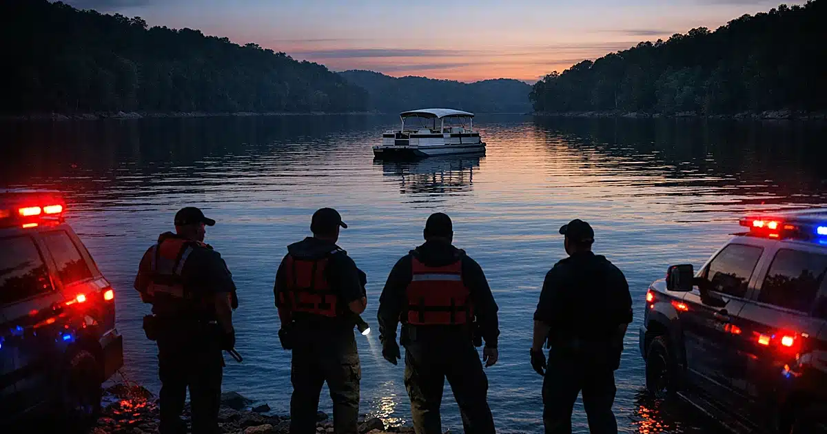 Empty pontoon boat on lake at dusk with search personnel silhouettes on shore and emergency lights reflecting on water