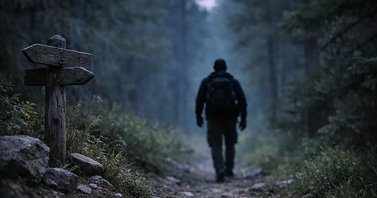 Remote forest trail at dusk with dense pines and distant hiker silhouette walking into shadowed wilderness