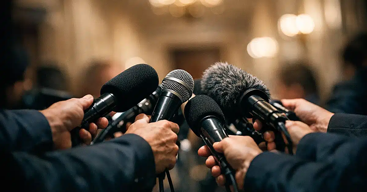 Professional broadcast microphones thrust forward by silhouetted reporters in a Capitol building corridor