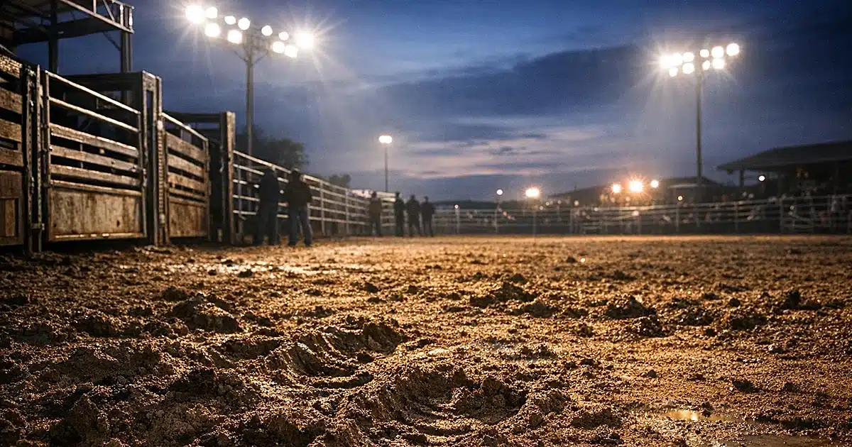 Empty rodeo arena at dusk with stadium lights illuminating disturbed dirt and open chute gates