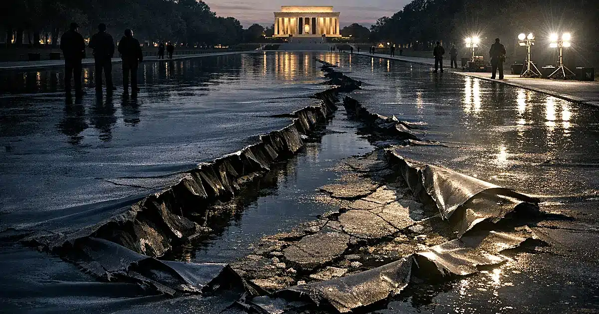 A large gash torn through a reflecting pool's liner with silhouetted figures in the background at dusk