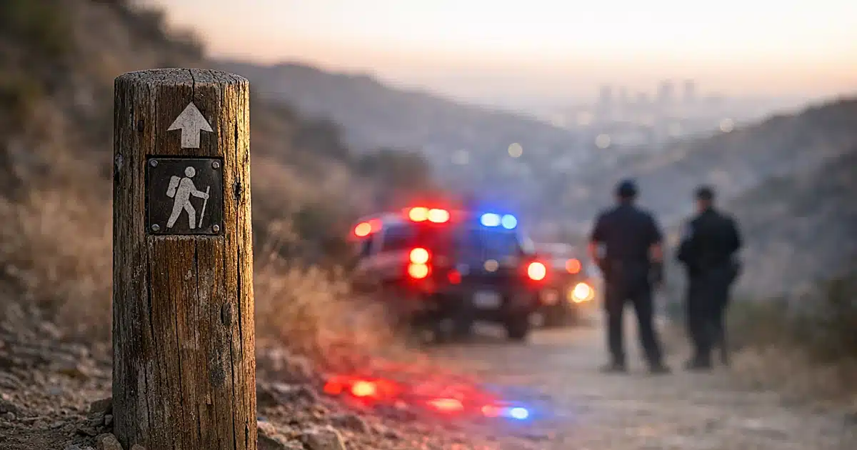 Hiking trail marker post at canyon edge with emergency lights reflecting on dusty ground at dusk