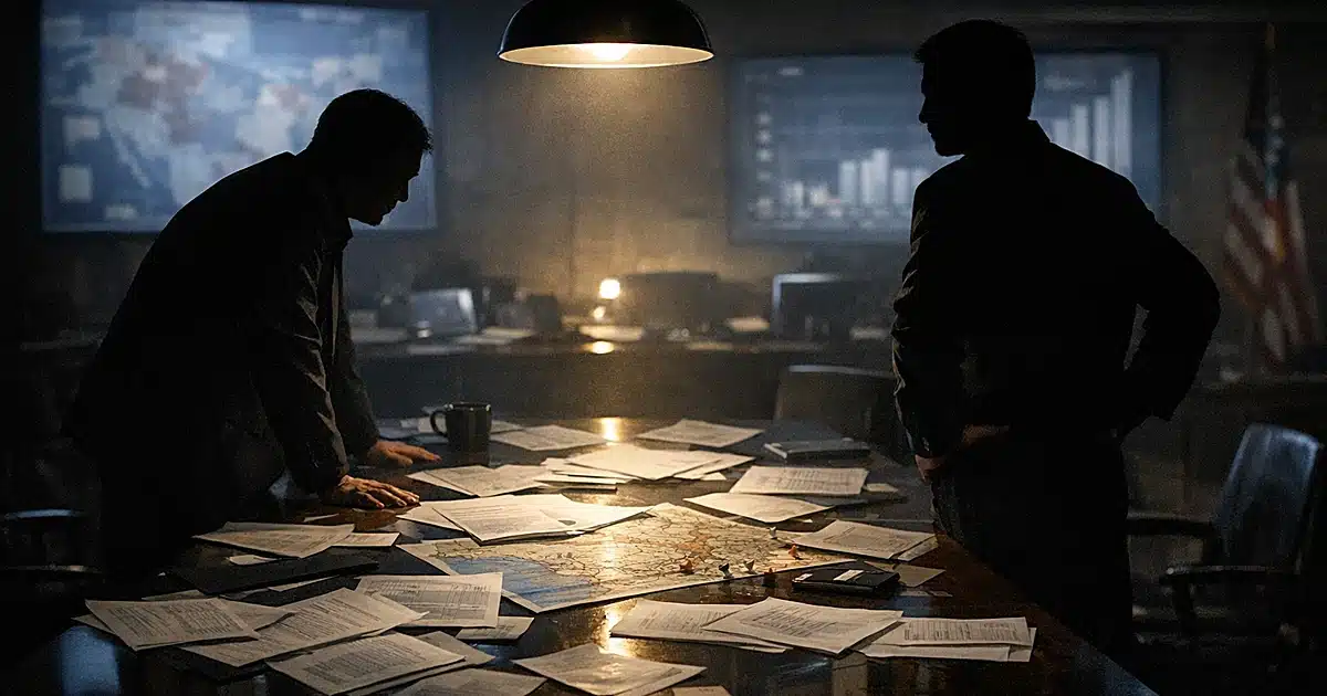 Silhouetted figures in political strategy room with scattered campaign documents on table under dramatic lighting