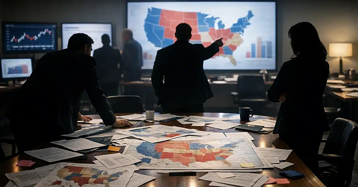 Silhouetted political strategists gathered around table covered with scattered campaign documents and maps