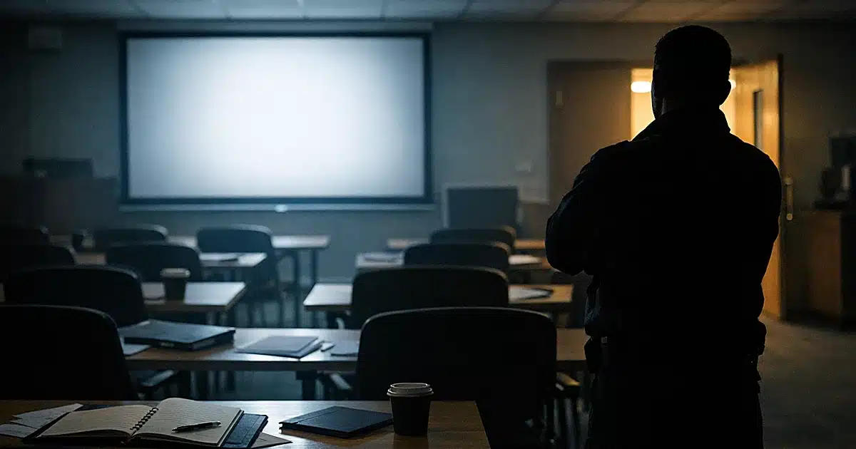 Empty police training room with silhouetted figure standing alone at back, chairs and materials in foreground