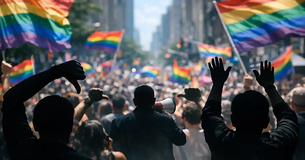 Crowd at Pride parade with raised arms showing disapproval gestures amid waving rainbow flags in motion