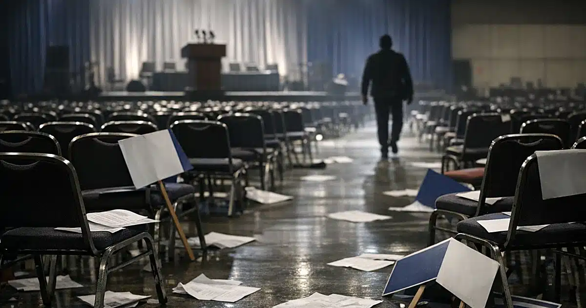 Empty convention hall with scattered papers on vacant chairs, silhouetted figure walking away in background