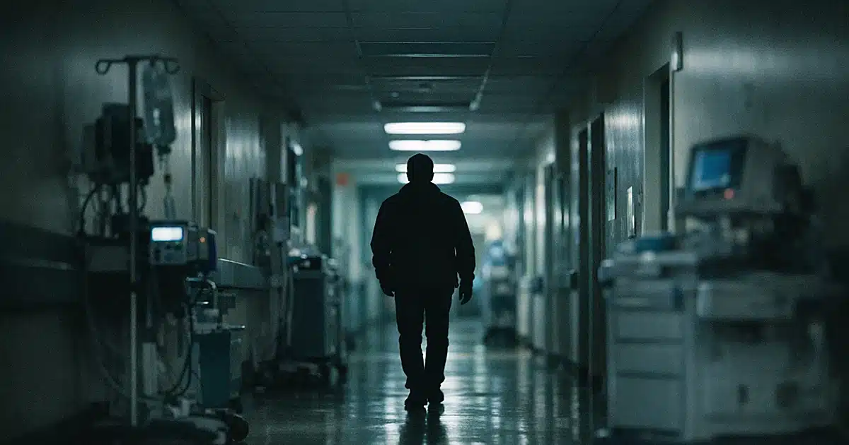 Silhouetted figure walking alone down dimly lit hospital corridor at night with medical equipment along walls