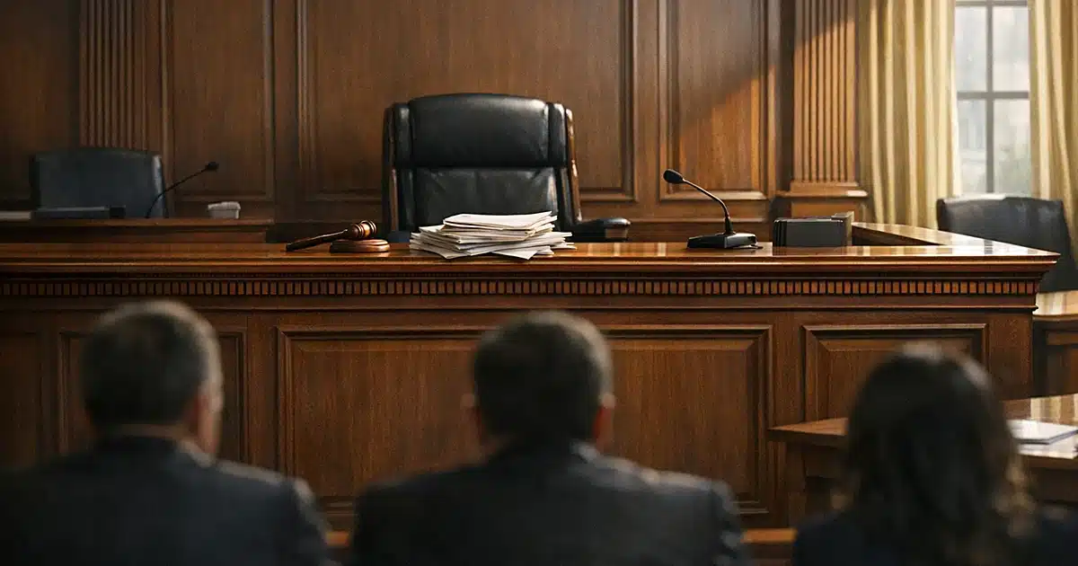 Empty federal courtroom bench with afternoon light streaming through windows and legal documents on surface