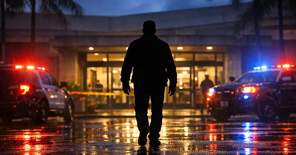 Silhouetted figure leaving government building entrance with emergency lights reflecting on wet pavement at dusk