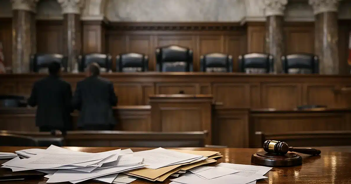 Empty Colorado Supreme Court chamber with judicial bench and scattered legal documents on table in foreground