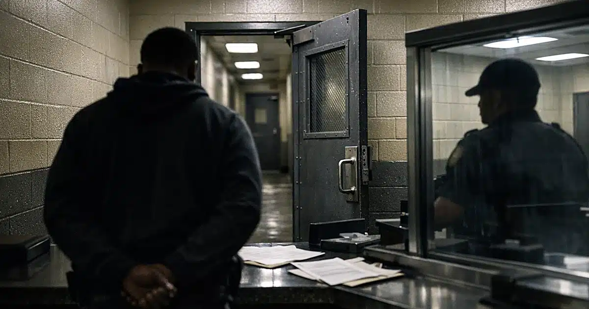 Interior of county jail booking station with steel door and silhouetted figures at processing desk