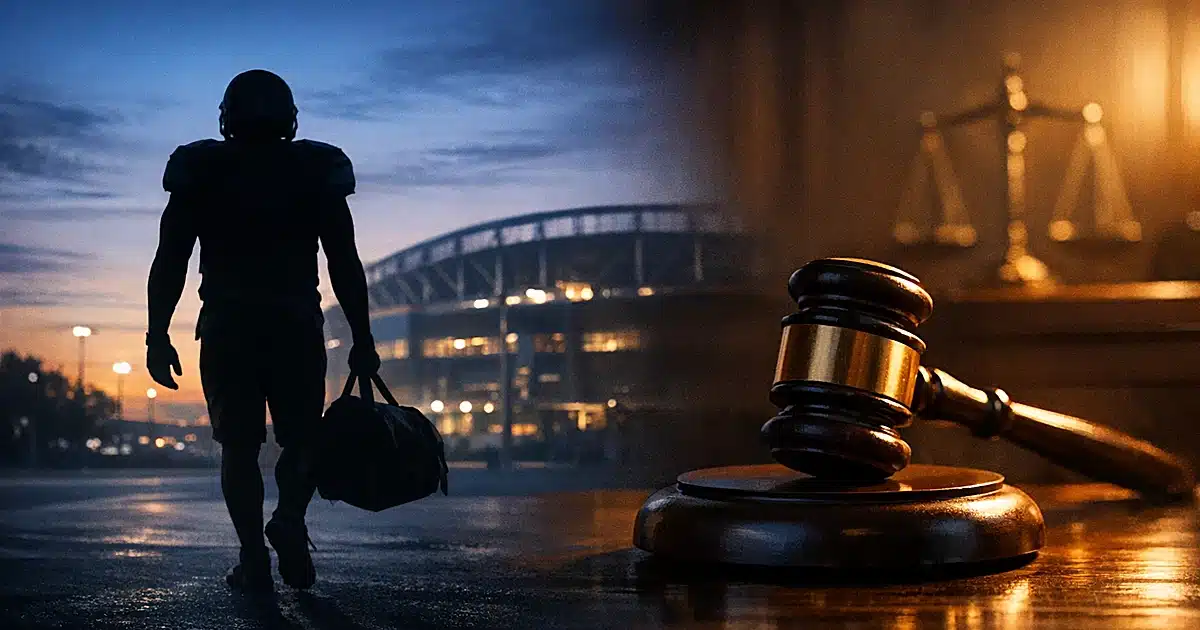 Silhouetted athlete walking away from stadium with gavel in foreground representing legal proceedings