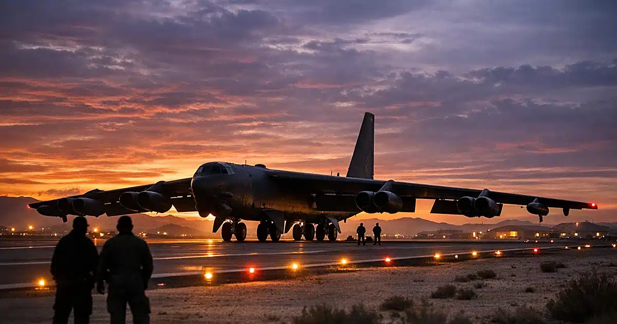 B-52 bomber silhouetted on military airfield runway at dusk with runway lights glowing