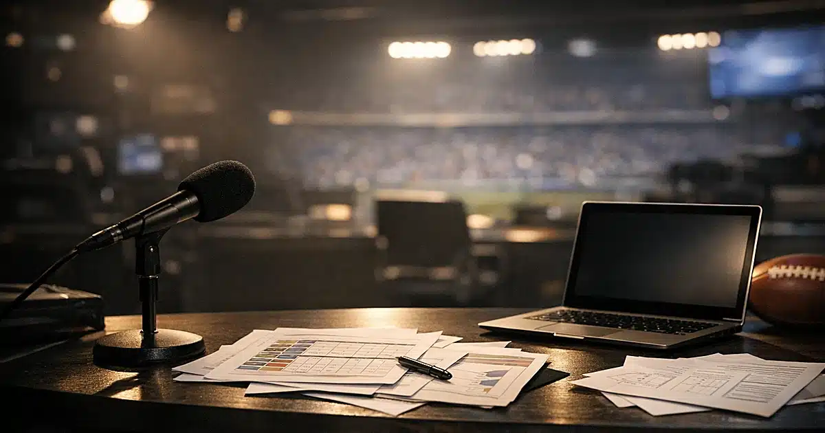 Empty sports broadcast desk with microphone, scattered draft notes, and laptop in dimly lit studio