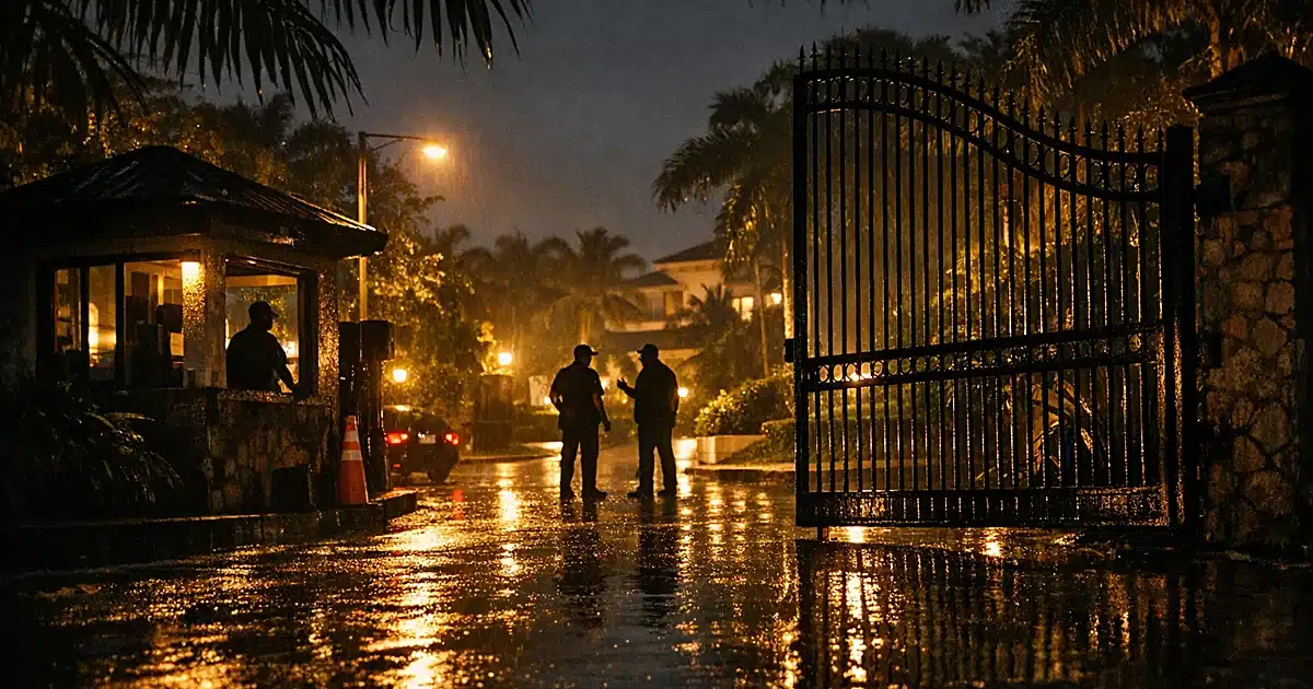 Gated residential community entrance at night with security booth and palm trees in silhouette