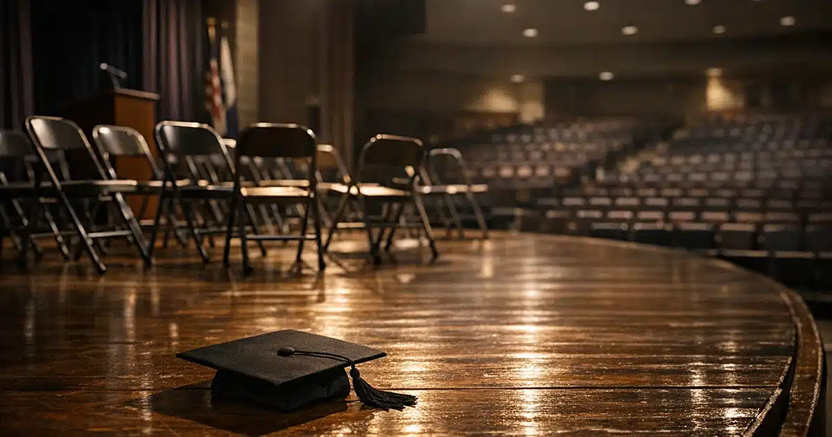 Empty high school auditorium stage with scattered chairs and abandoned graduation cap on floor at dusk