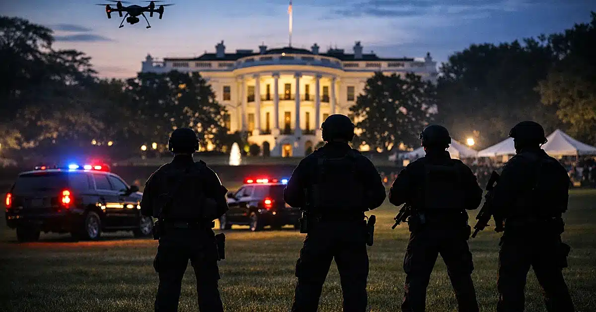 Secret Service agents in silhouette form security perimeter on White House South Lawn at dusk with emergency vehicles