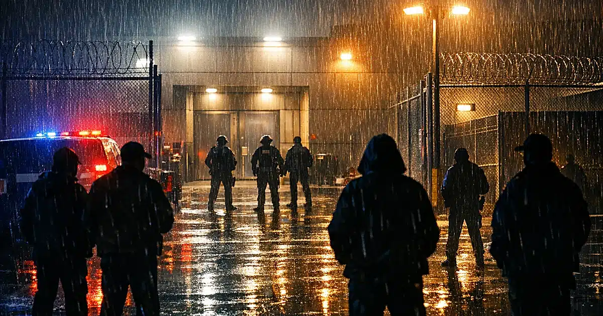Nighttime scene of detention facility entrance with security lights, rain, and silhouetted figures on wet pavement