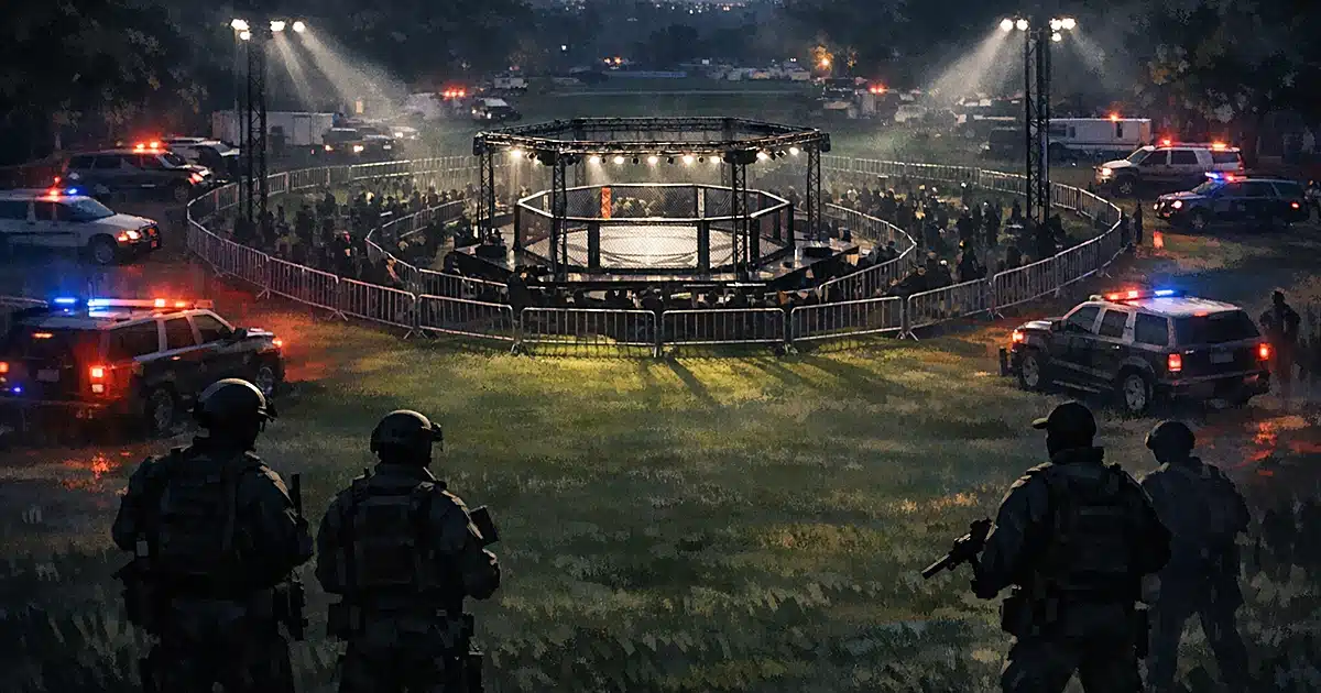 Aerial view of octagonal cage on lawn surrounded by security barriers and silhouetted law enforcement personnel