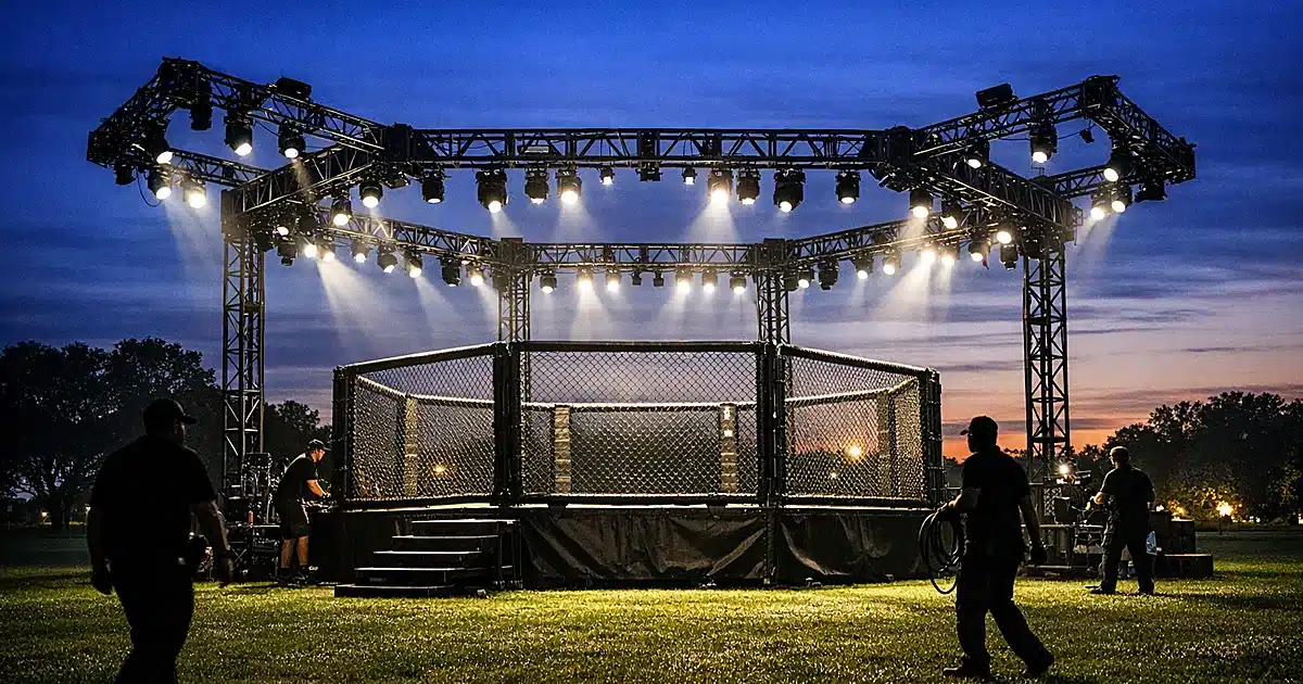 Large temporary octagonal steel structure on lawn at dusk with lighting rigs and crew silhouettes preparing event
