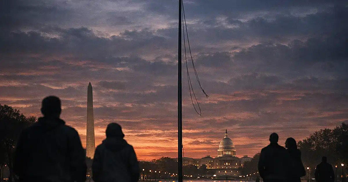 Silhouettes of people walking near an empty flagpole on the National Mall at dusk with dramatic sky