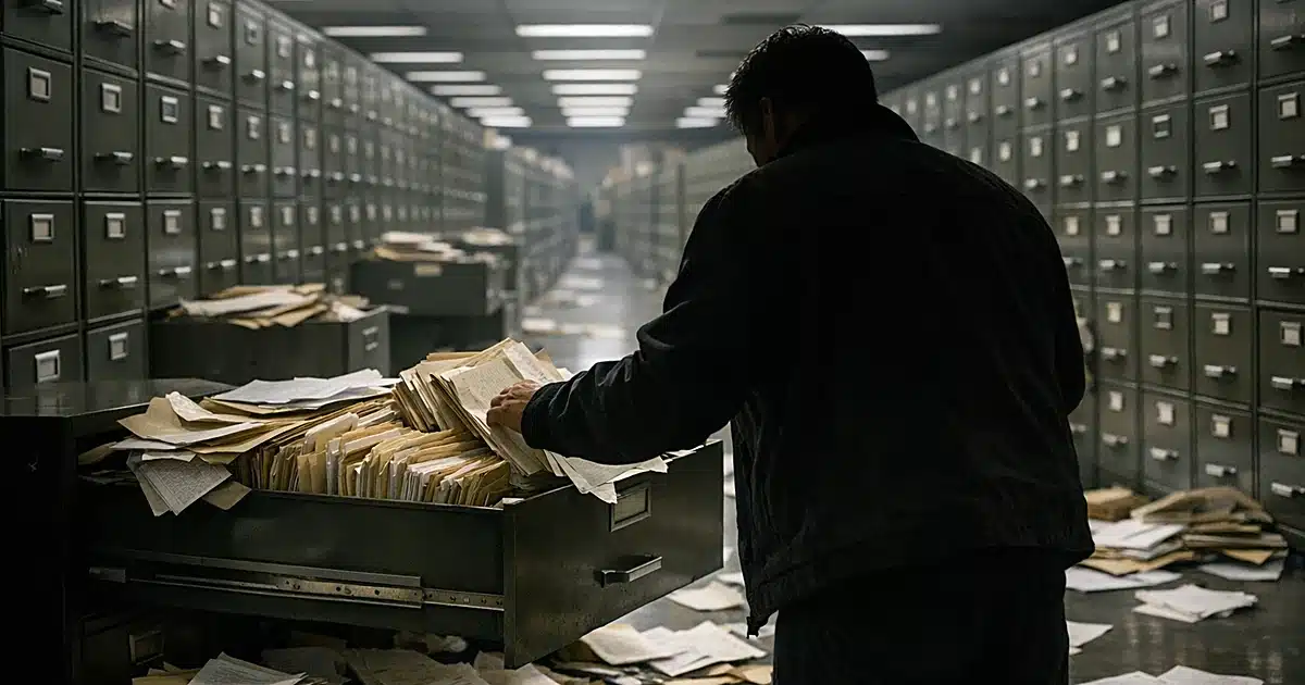 Government records facility with overflowing filing cabinets and scattered documents suggesting administrative neglect