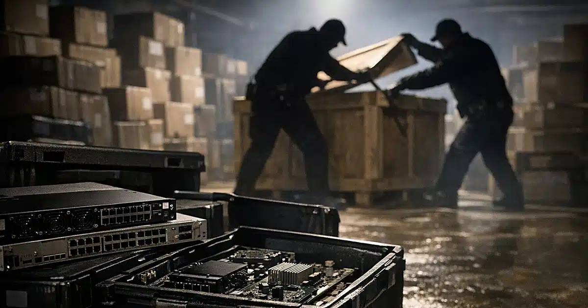 Silhouetted federal agents opening shipping crates containing computer networking equipment in warehouse