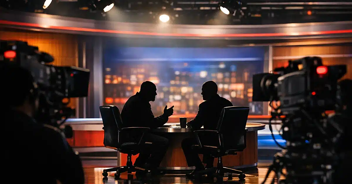 Empty cable news studio interview set with cameras and lighting during active broadcast