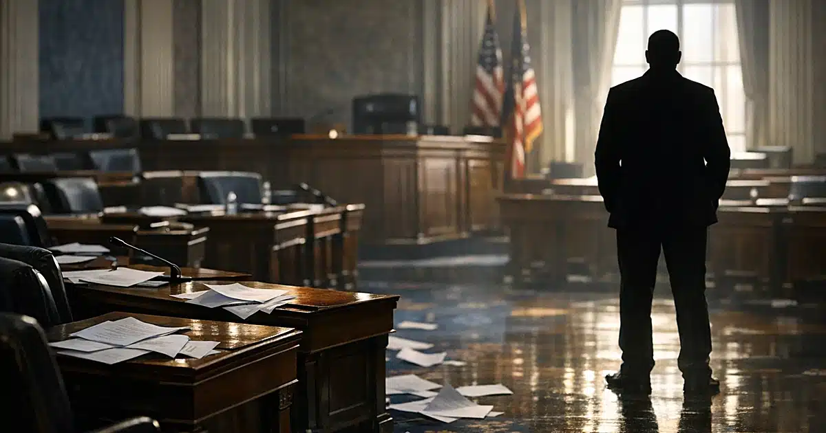 Empty Senate chamber with scattered papers on Democratic side, lone silhouetted figure standing apart across aisle