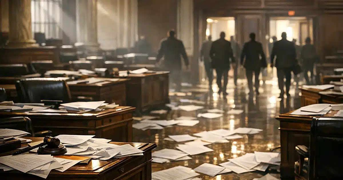 Empty legislative chamber with scattered papers on desks and silhouettes exiting through doorways