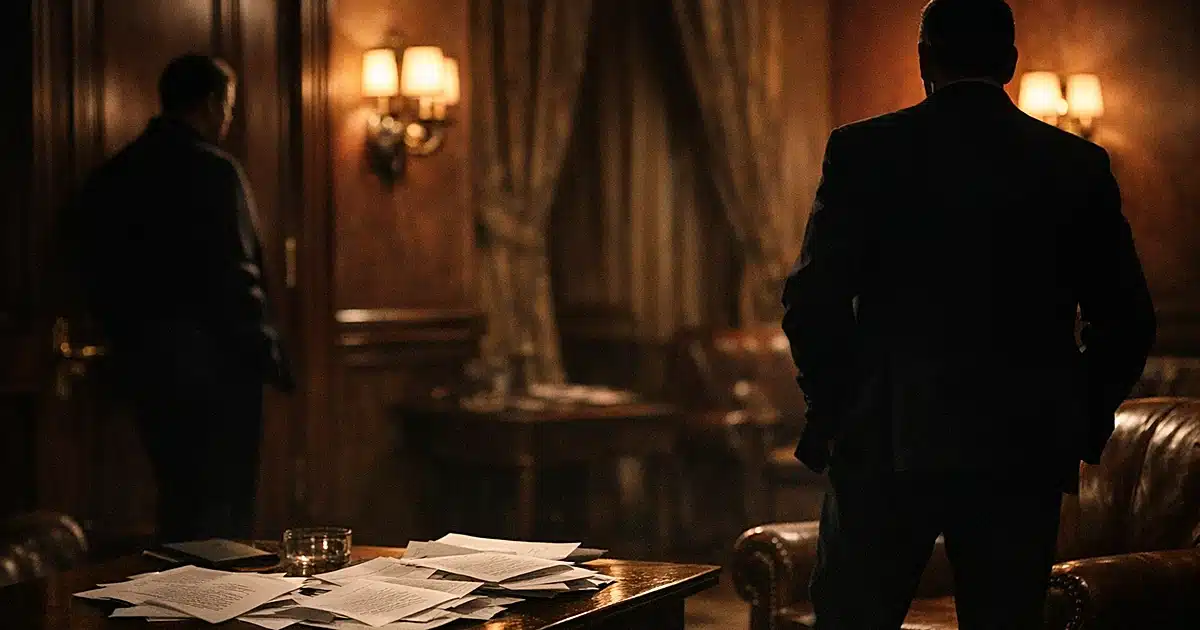 Two silhouetted figures stand apart in a shadowy Senate cloakroom with scattered papers on a table