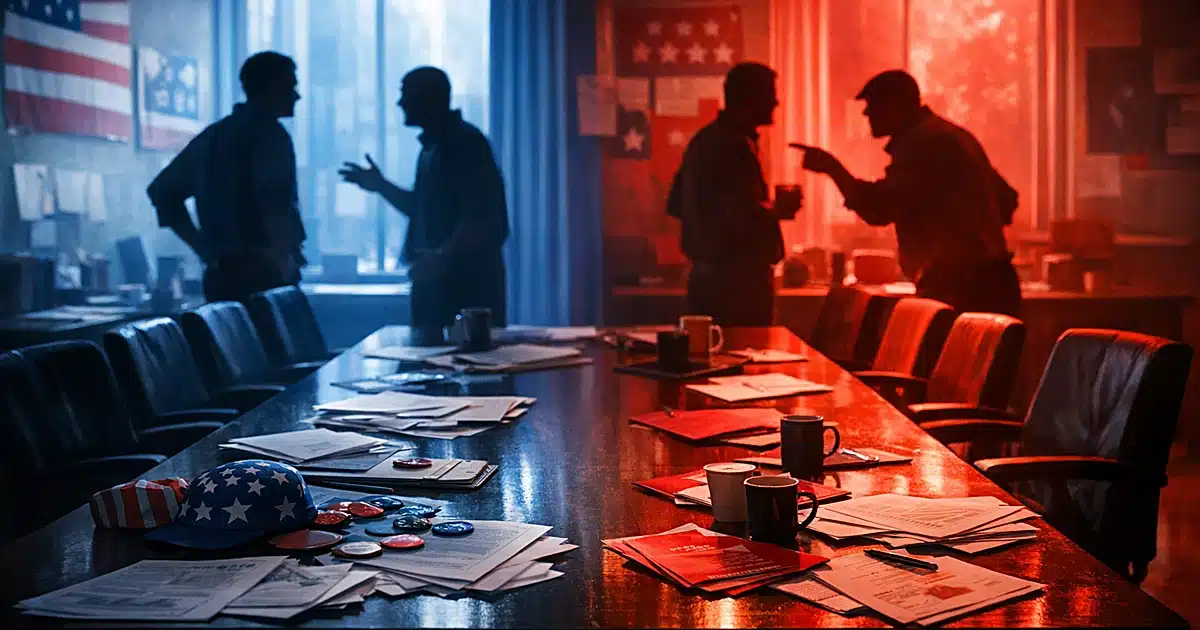 Campaign office interior with scattered materials on table, silhouetted figures in discussion, split lighting