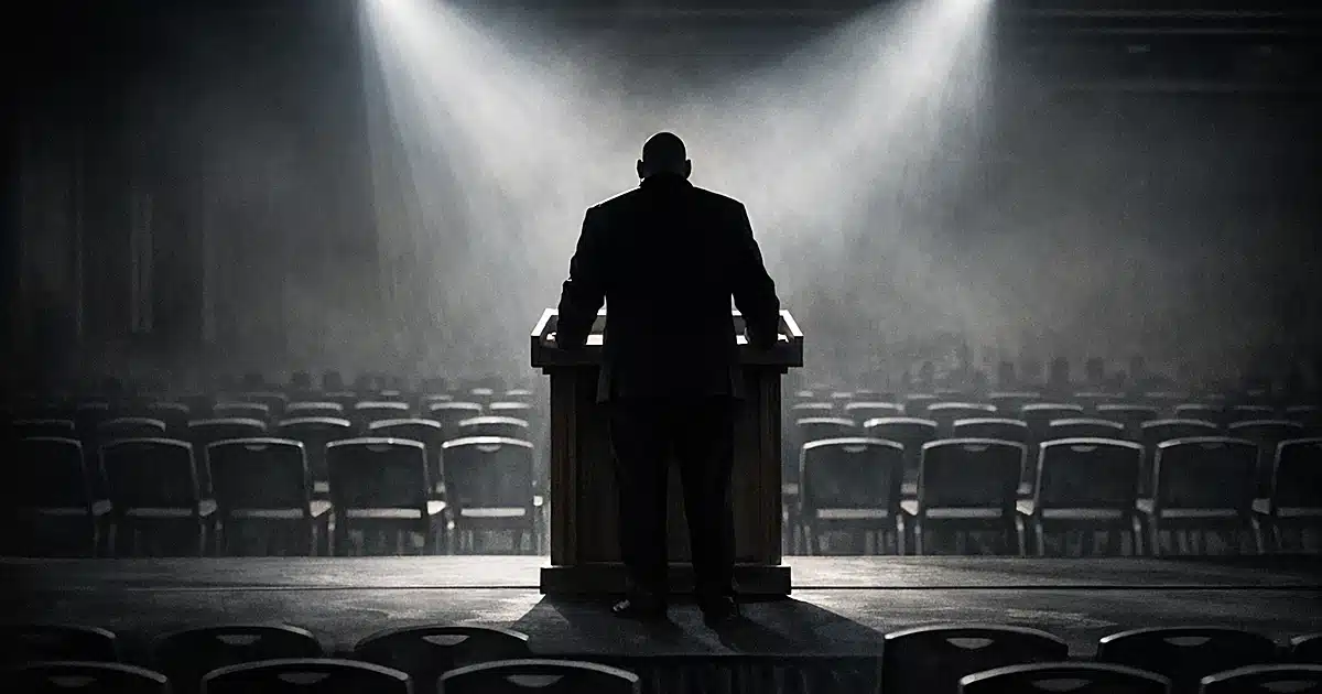 Silhouetted figure at podium on stage facing empty conference hall chairs in dramatic spotlight