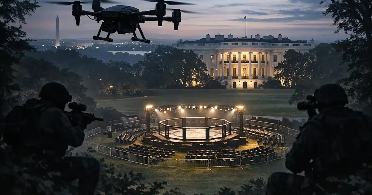 Aerial view of outdoor event venue with octagonal cage, empty chairs, and drone hovering above with distant silhouettes