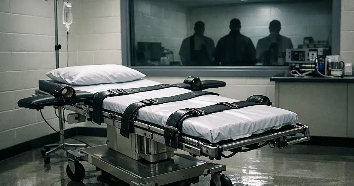 Empty prison execution chamber with gurney and restraint straps under fluorescent lighting