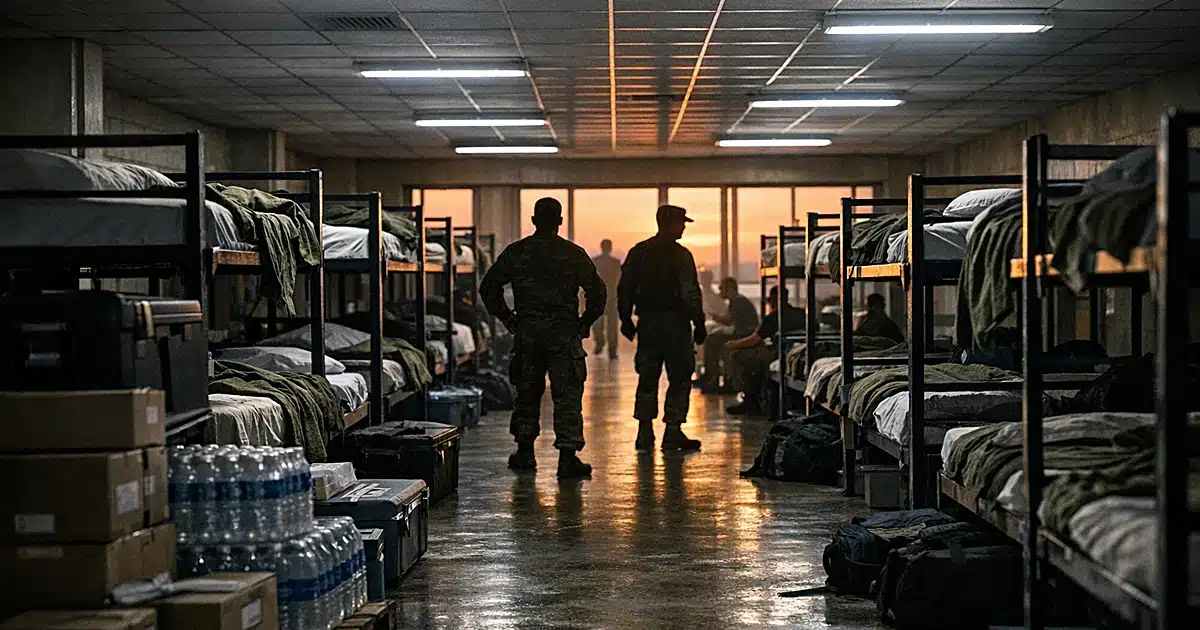 Empty military barracks with rows of bunk beds and medical supplies scattered on floor in harsh fluorescent light