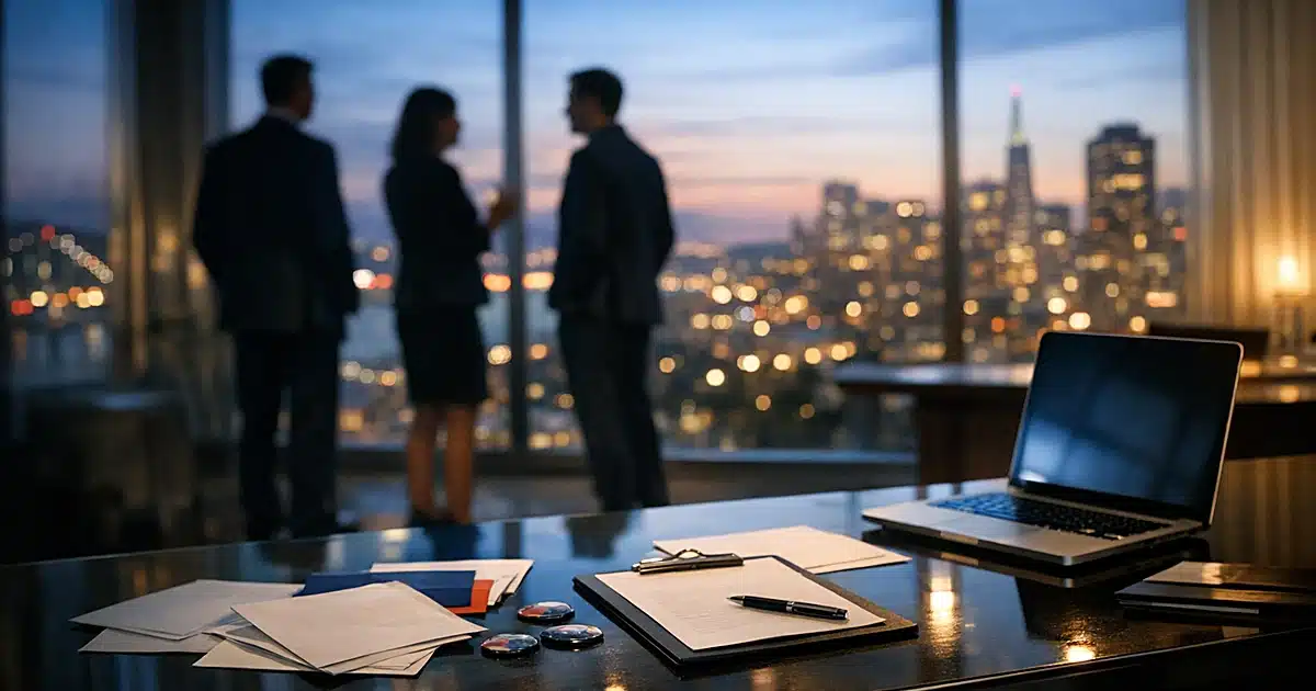 Empty campaign office with expensive desk and silhouetted figures against San Francisco skyline at dusk