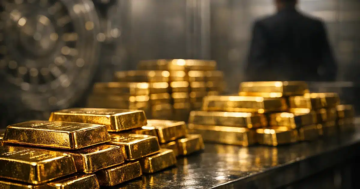 Stacked gold bars in secure vault with dramatic lighting and shallow depth of field