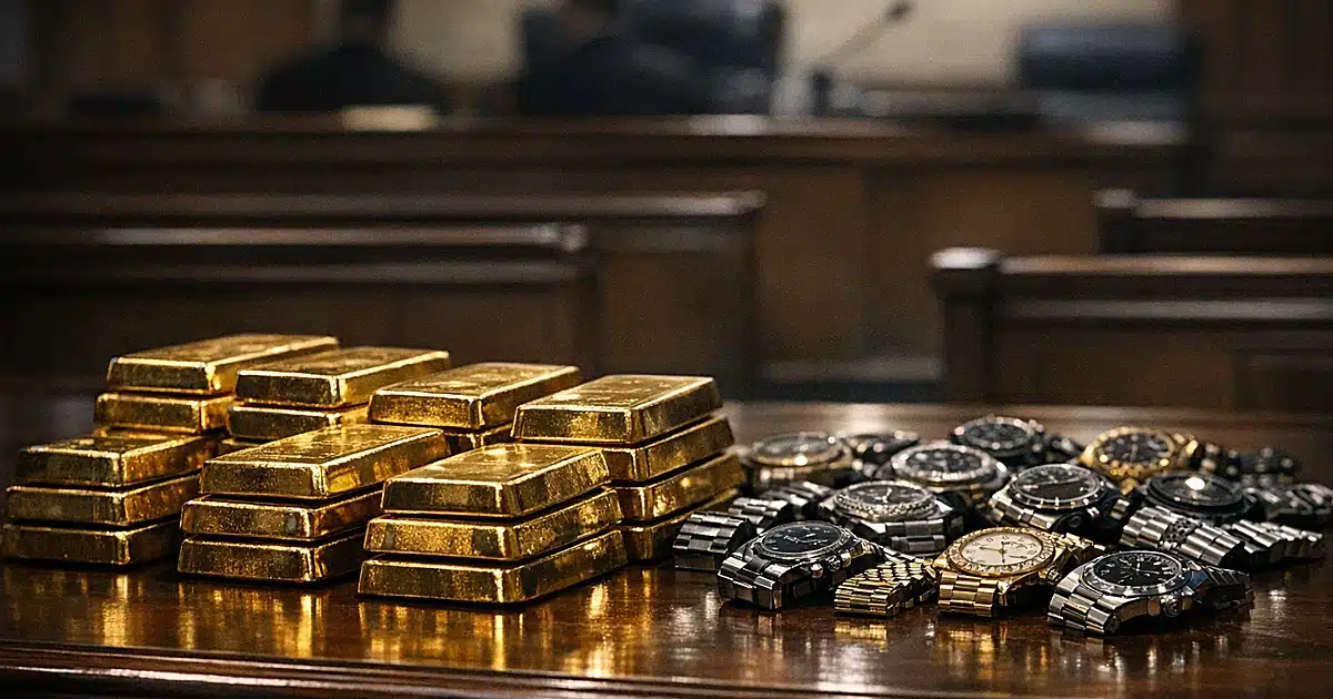 Evidence table displaying stacks of gold bars and luxury watches in federal courtroom under fluorescent lighting