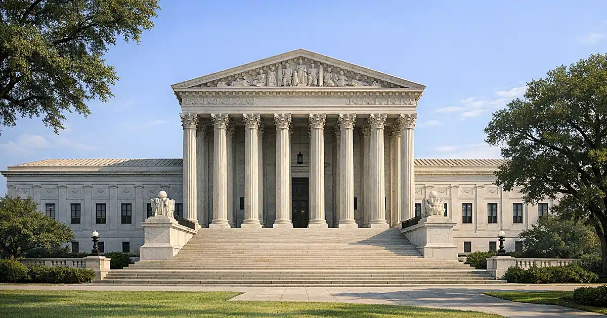 Classical courthouse building with columns under blue sky representing justice and legal institutions
