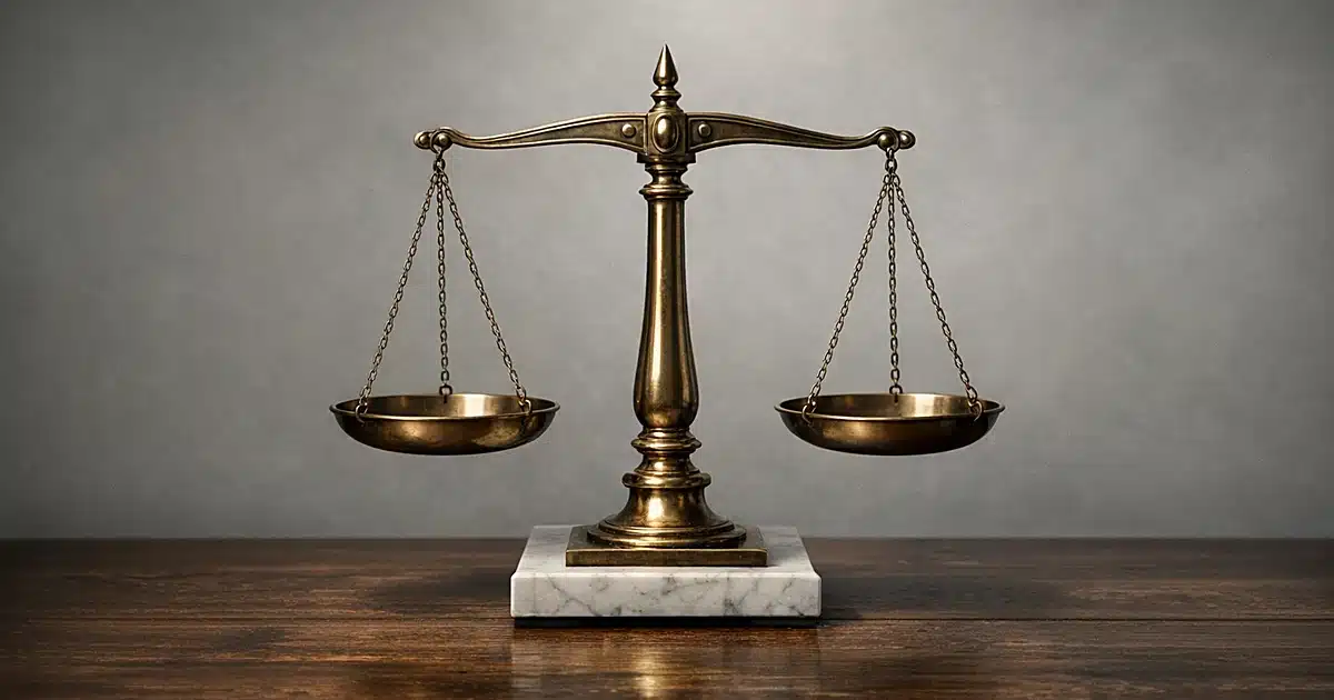 Abstract marble balance scale symbolizing justice on wooden surface with soft lighting