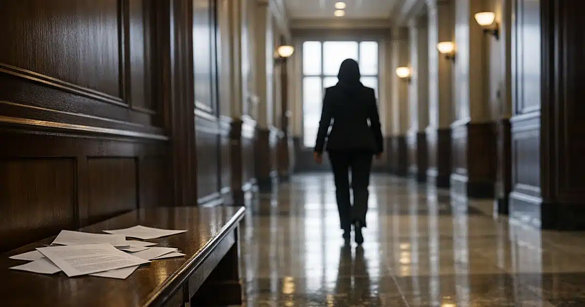 Silhouetted figure walking through federal courthouse hallway toward windows with scattered legal documents