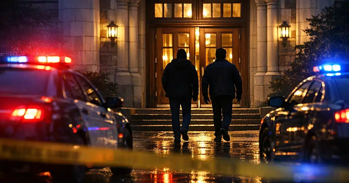 University building entrance at dusk with silhouetted figures and police emergency lights reflecting on wet pavement