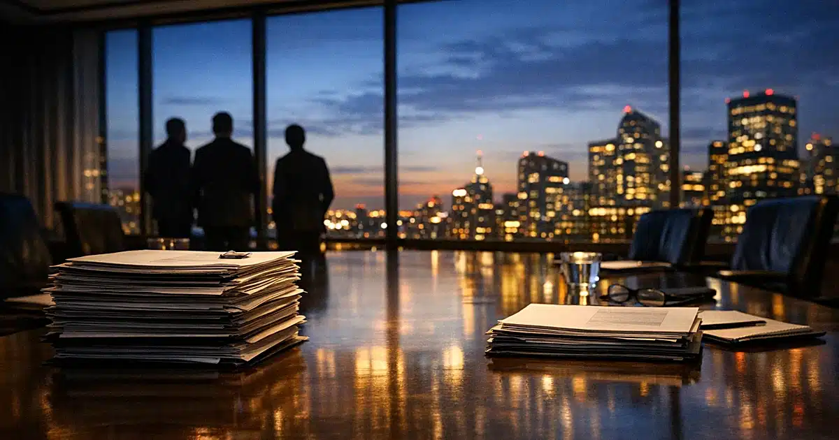 Corporate boardroom table with contract documents and city skyline at dusk through windows